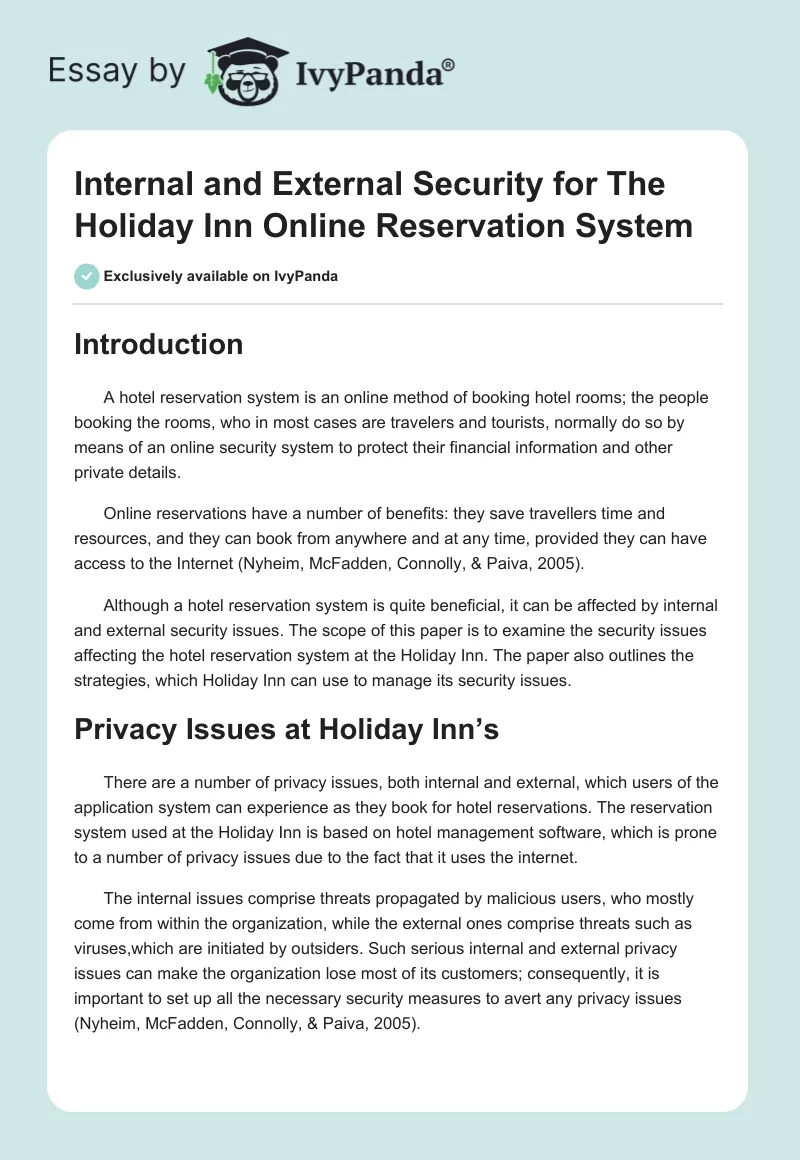 Internal and External Security for The Holiday Inn Online Reservation System. Page 1