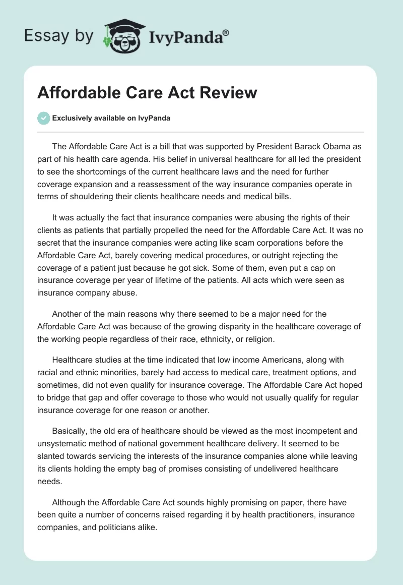 Affordable Care Act Review. Page 1