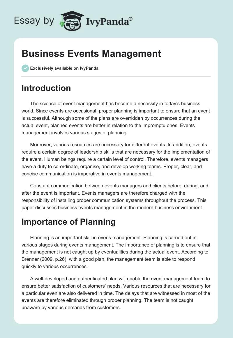 Business Events Management. Page 1