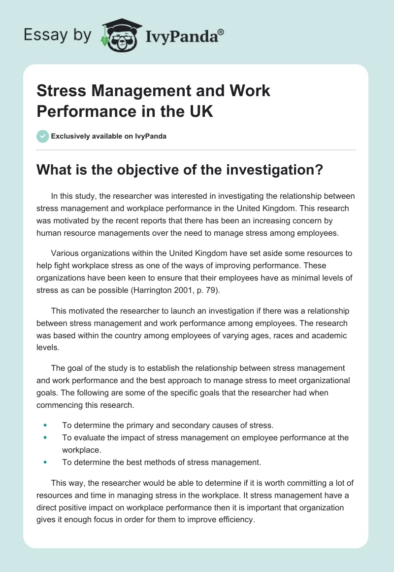 Stress Management and Work Performance in the UK. Page 1