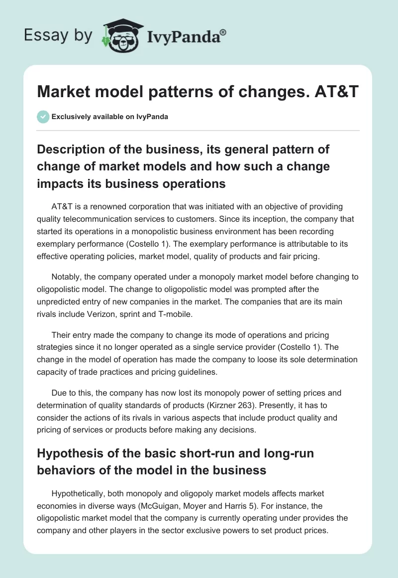 Market model patterns of changes. AT&T. Page 1