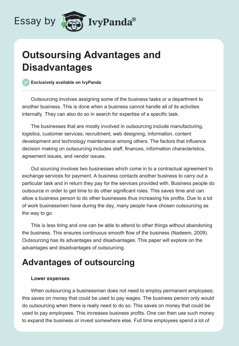 Outsoursing Advantages and Disadvantages. Page 1