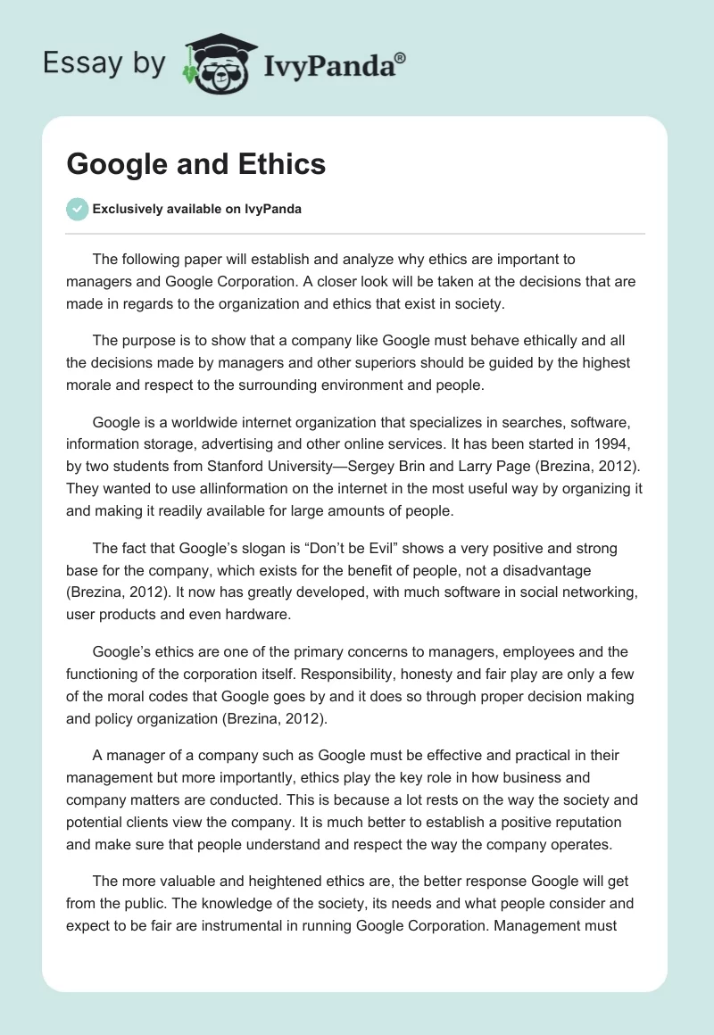 Google and Ethics. Page 1