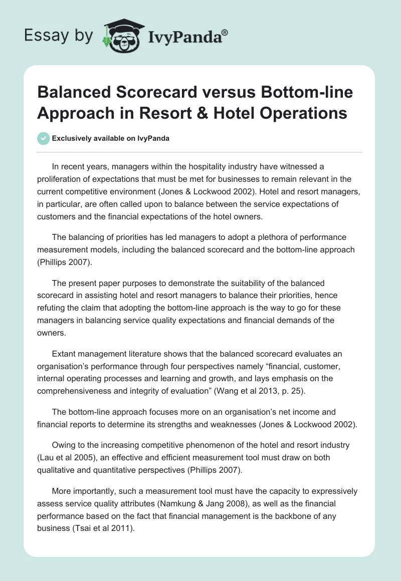 Balanced Scorecard versus Bottom-line Approach in Resort & Hotel Operations. Page 1