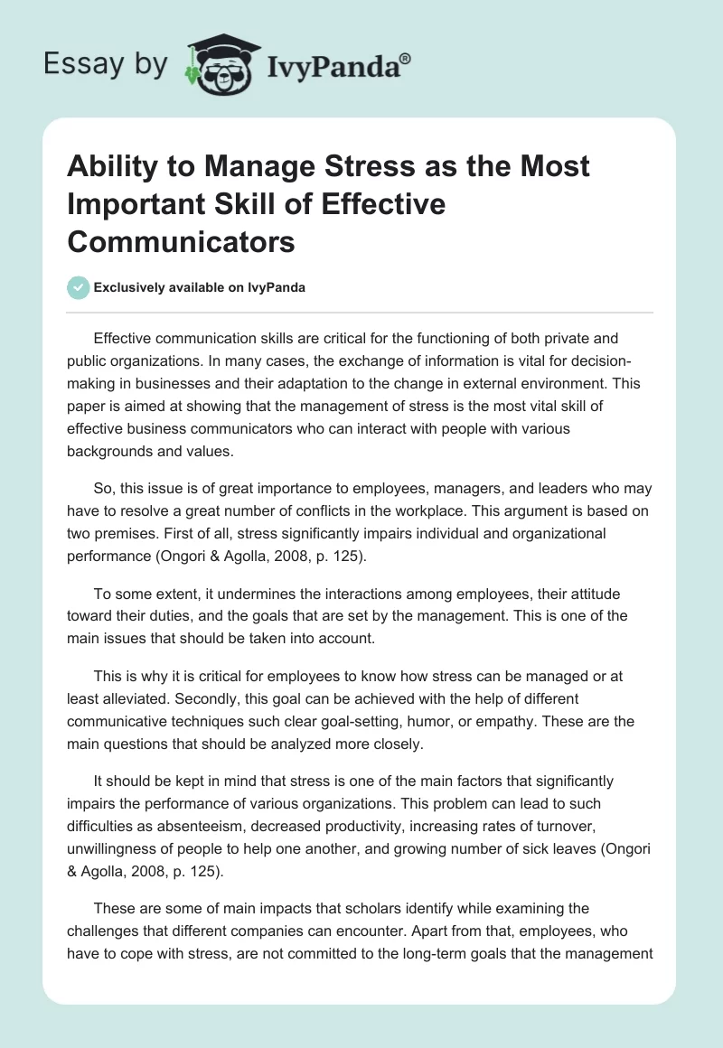 Ability to Manage Stress as the Most Important Skill of Effective Communicators. Page 1