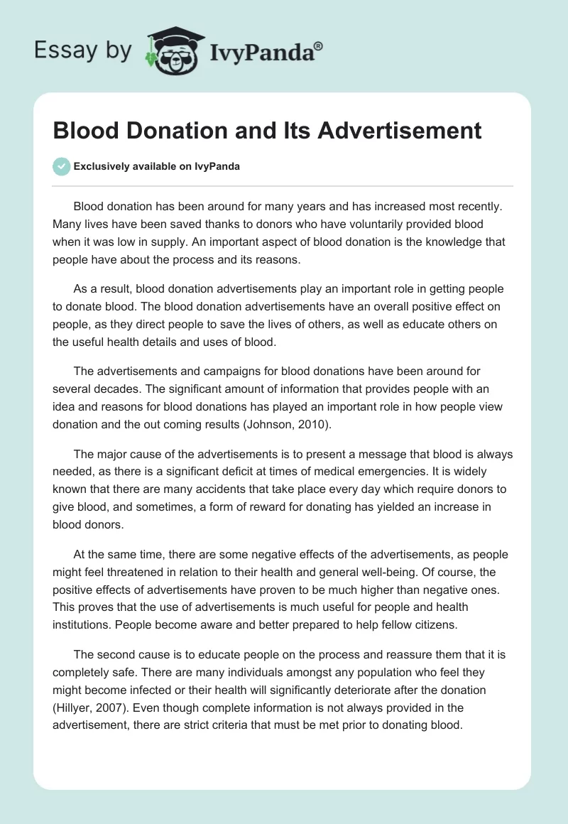 Blood Donation and Its Advertisement. Page 1