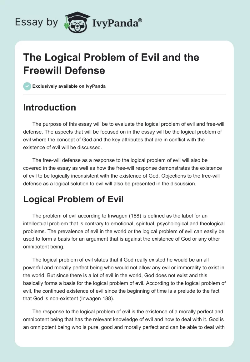 The Logical Problem of Evil and the Freewill Defense. Page 1