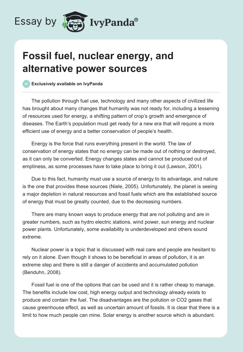 Fossil Fuel, Nuclear Energy, and Alternative Power Sources. Page 1