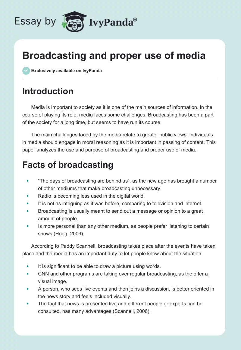 Broadcasting and proper use of media. Page 1