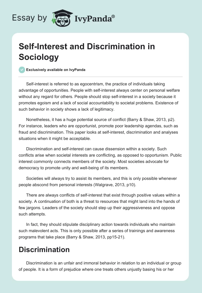 Self-Interest and Discrimination in Sociology. Page 1