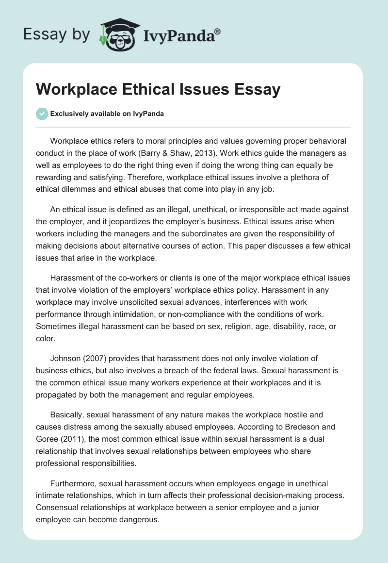 Workplace Ethical Issues Essay. Page 1