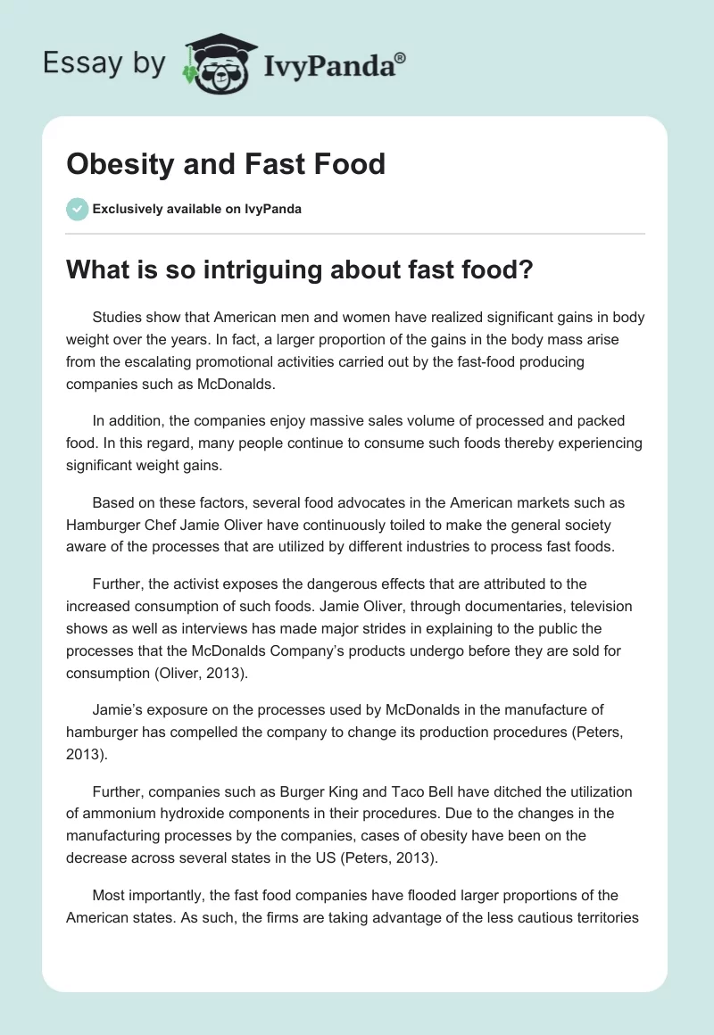 Obesity and Fast Food. Page 1