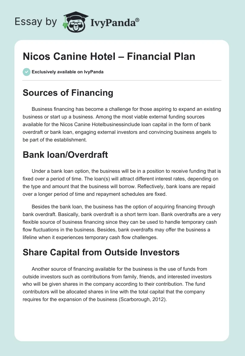 Nicos Canine Hotel – Financial Plan. Page 1