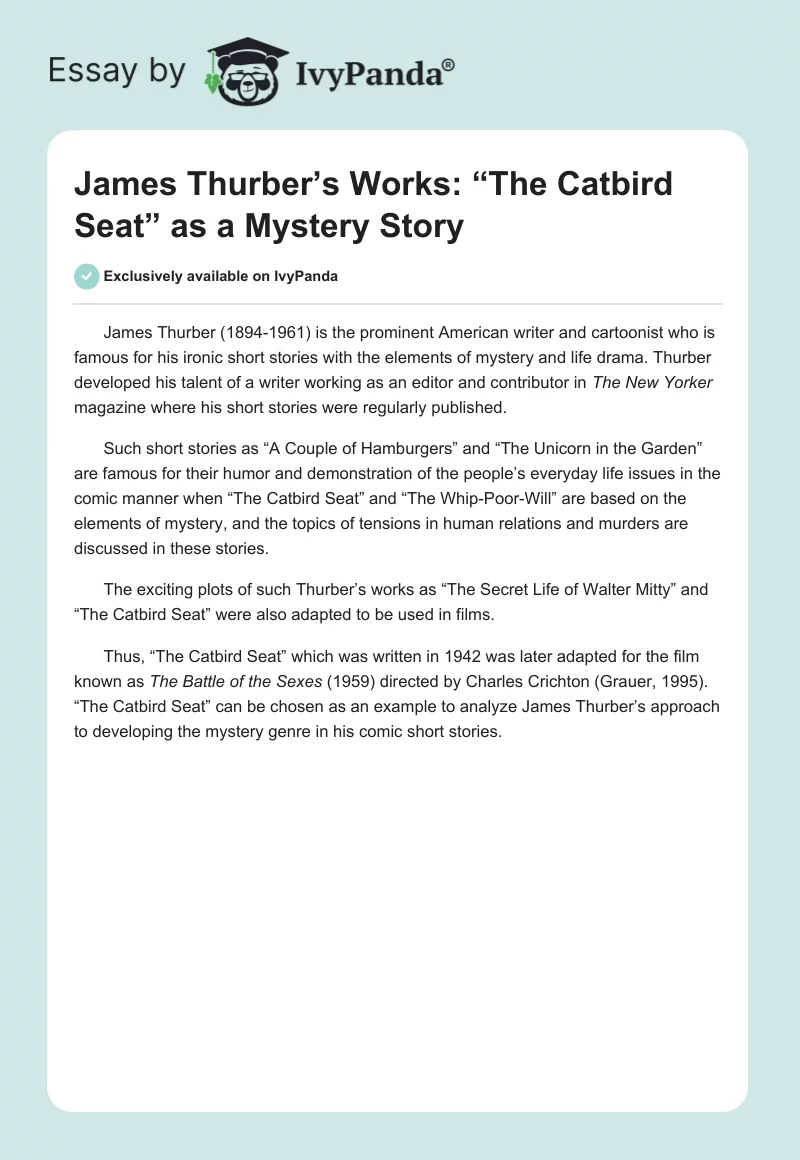James Thurber’s Works: “The Catbird Seat” as a Mystery Story. Page 1