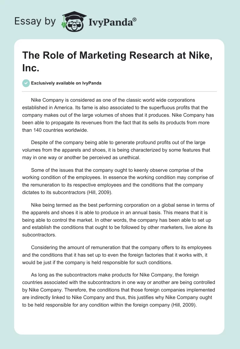 The Role of Marketing Research at Nike, Inc.. Page 1