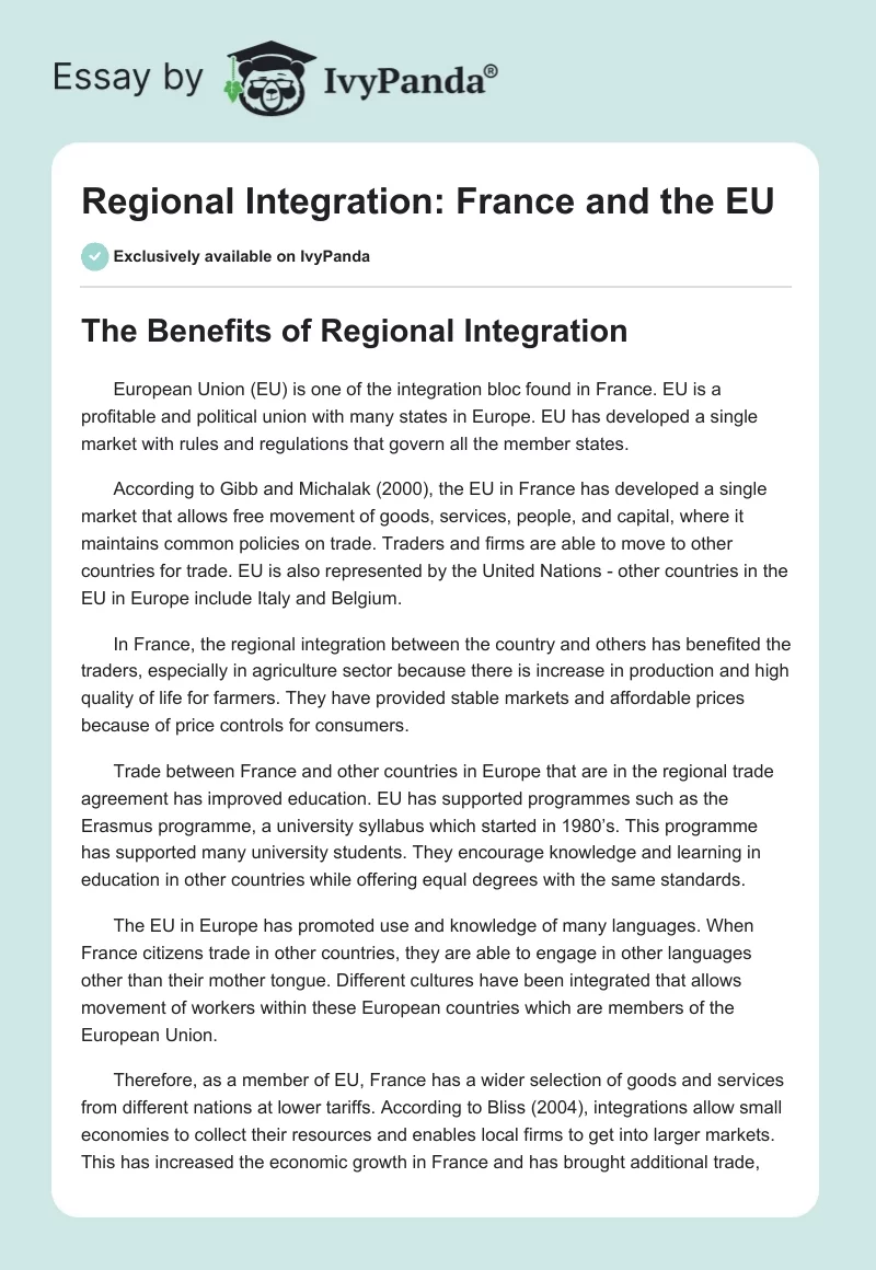 Regional Integration: France and the EU. Page 1