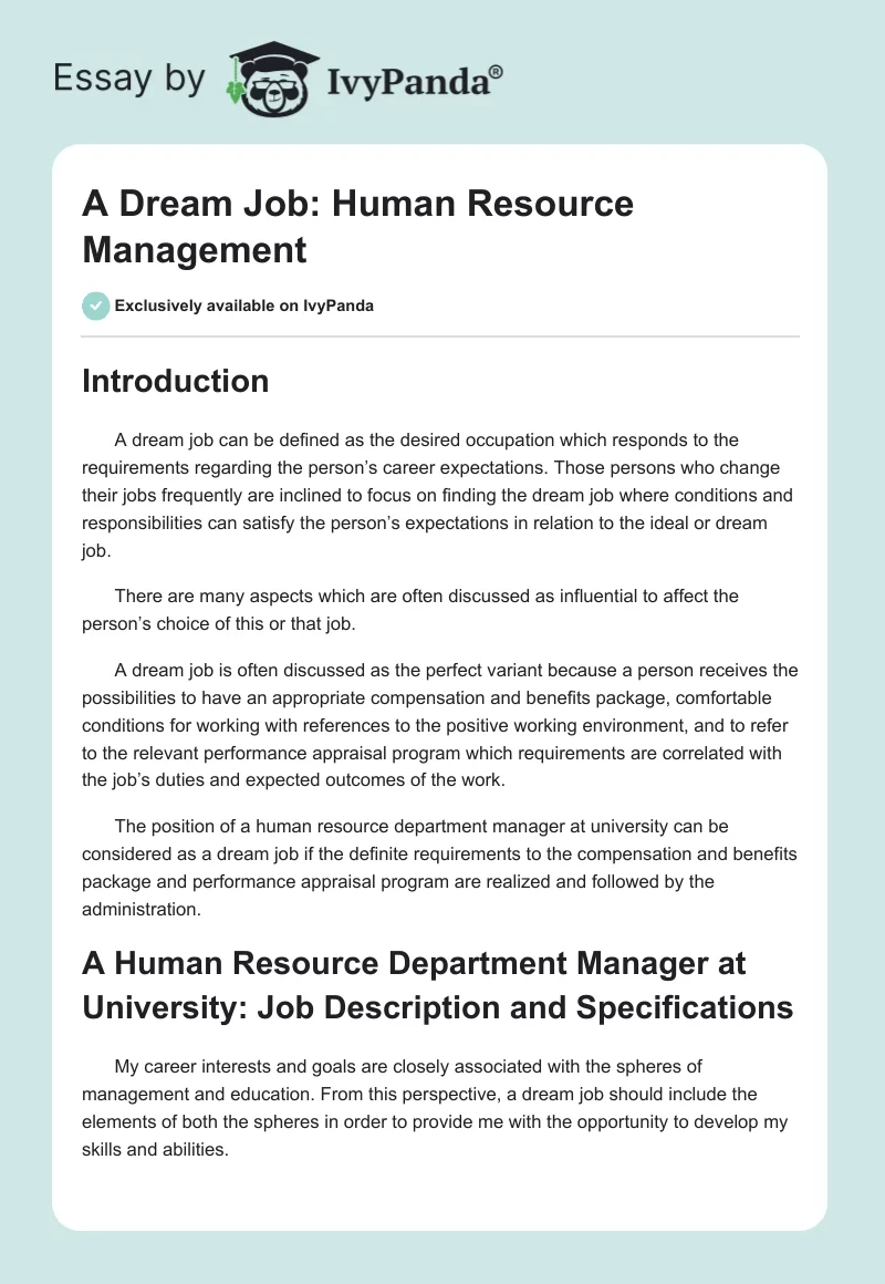 A Dream Job: Human Resource Management. Page 1