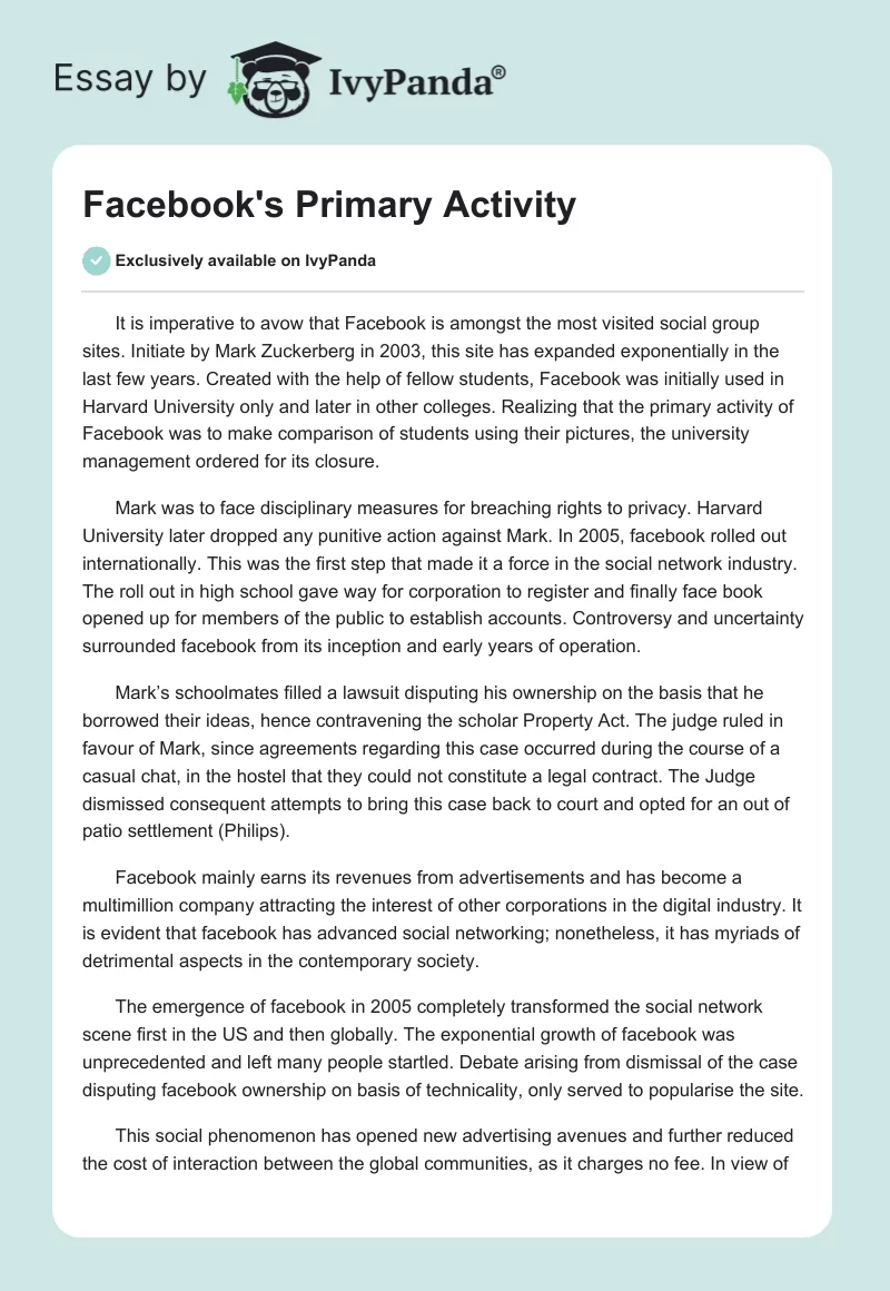 Facebook's Primary Activity. Page 1