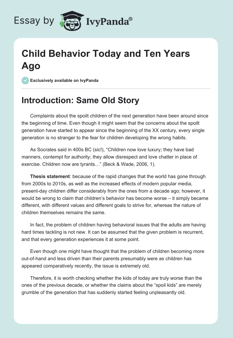 Child Behavior Today and Ten Years Ago. Page 1