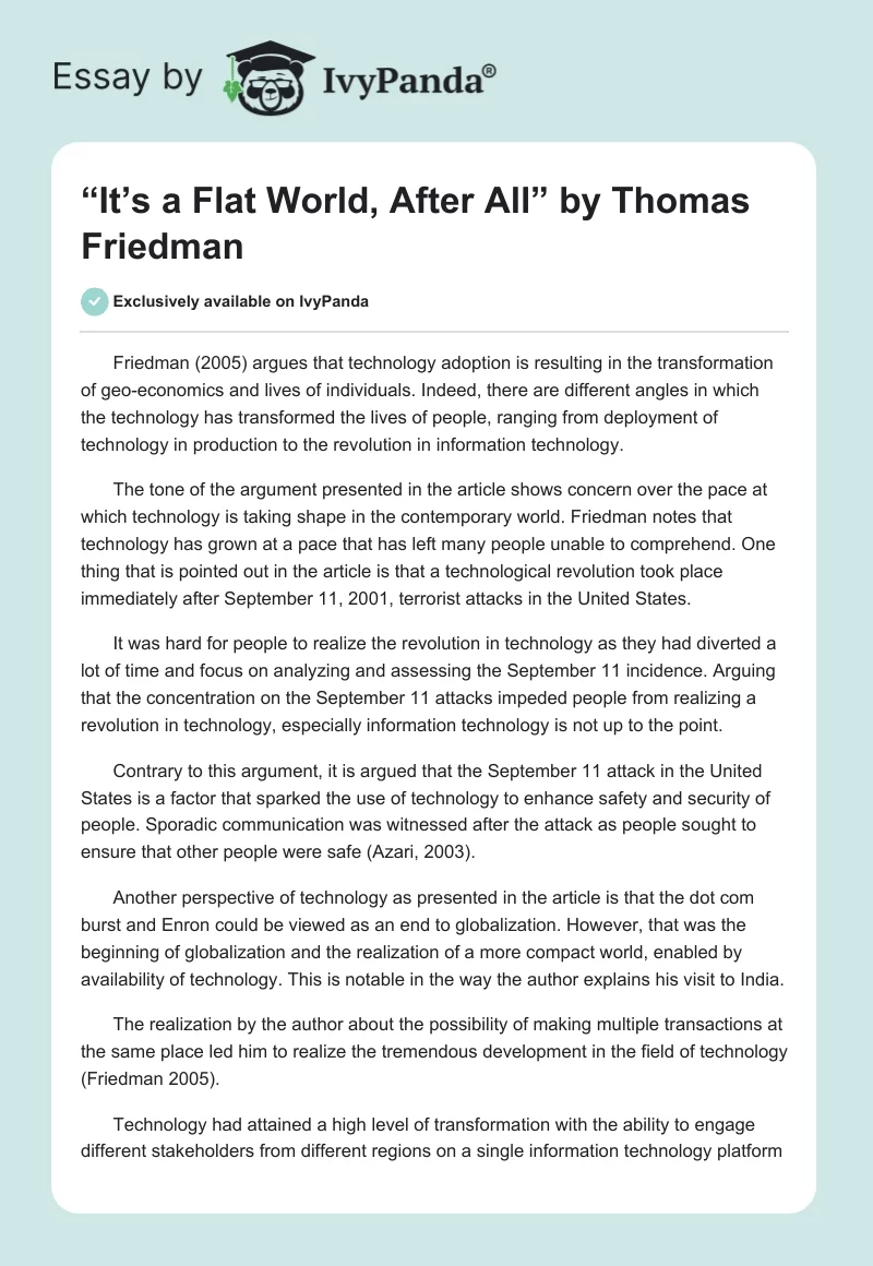 “It’s a Flat World, After All” by Thomas Friedman. Page 1