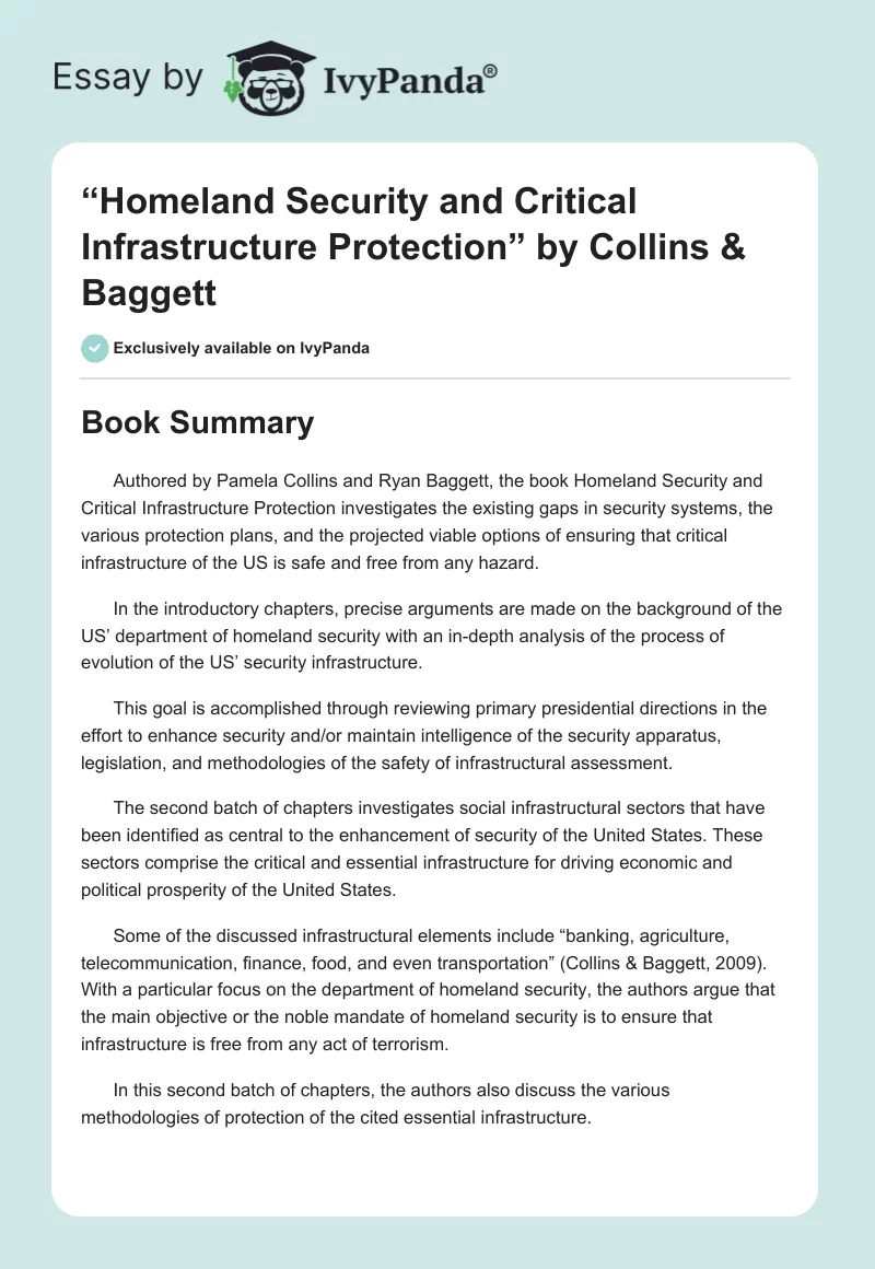 “Homeland Security and Critical Infrastructure Protection” by Collins & Baggett. Page 1