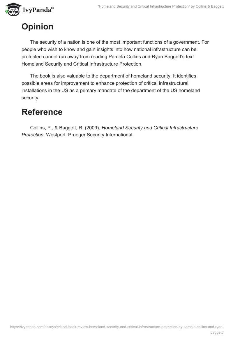 “Homeland Security and Critical Infrastructure Protection” by Collins & Baggett. Page 5