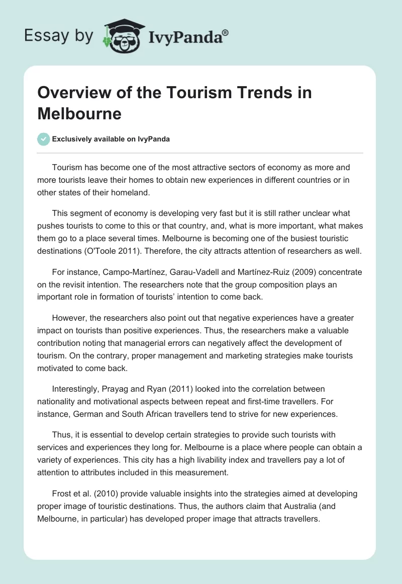 Overview of the Tourism Trends in Melbourne. Page 1