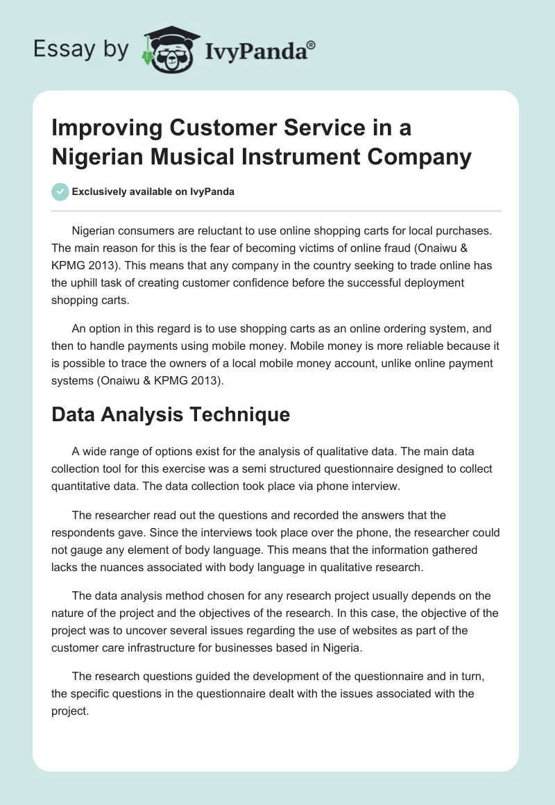 Improving Customer Service in a Nigerian Musical Instrument Company. Page 1