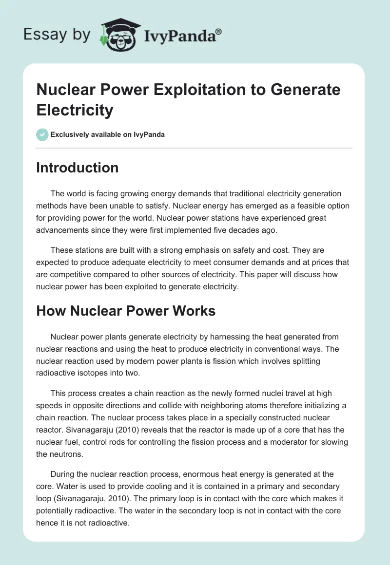 Nuclear Power Exploitation to Generate Electricity. Page 1