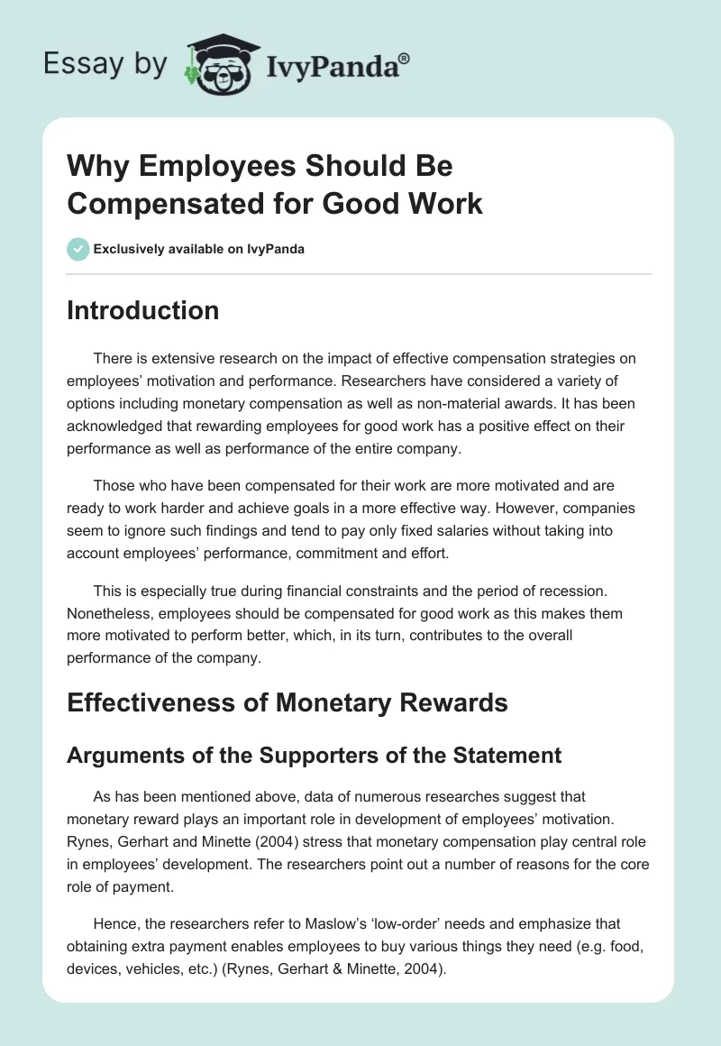 Why Employees Should Be Compensated for Good Work. Page 1