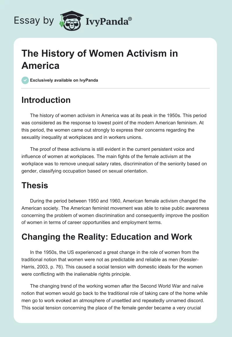 The History of Women Activism in America. Page 1