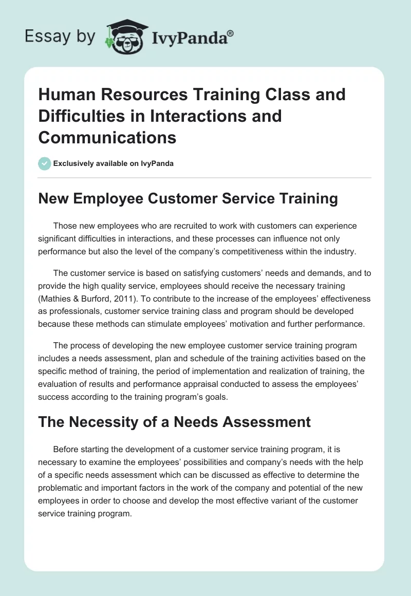 Human Resources Training Class and Difficulties in Interactions and Communications. Page 1