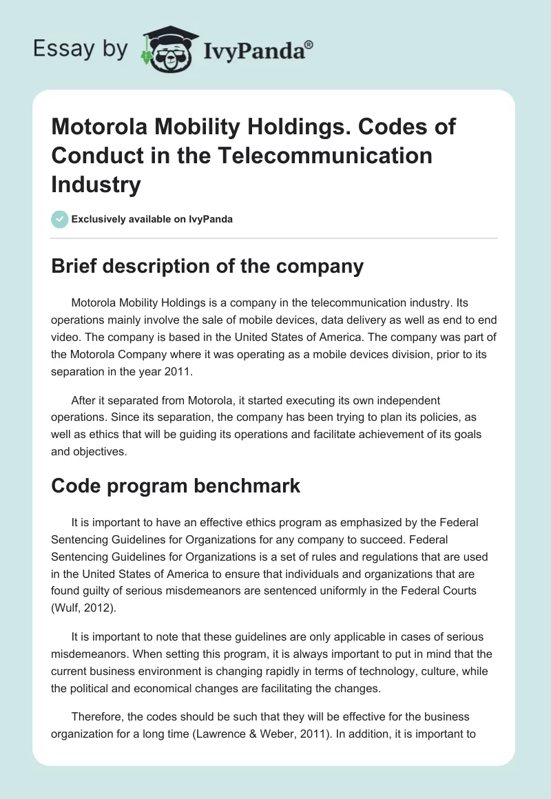 Motorola Mobility Holdings. Codes of Conduct in the Telecommunication Industry. Page 1