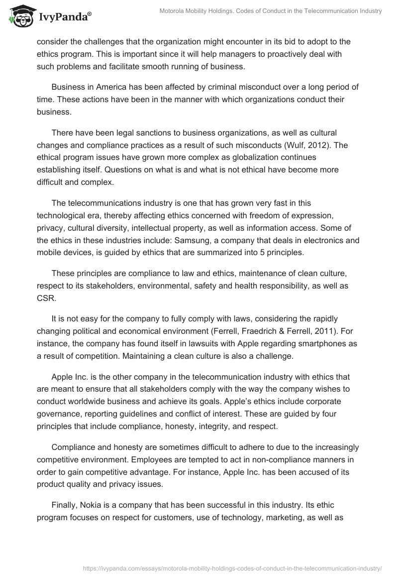 Motorola Mobility Holdings. Codes of Conduct in the Telecommunication Industry. Page 2