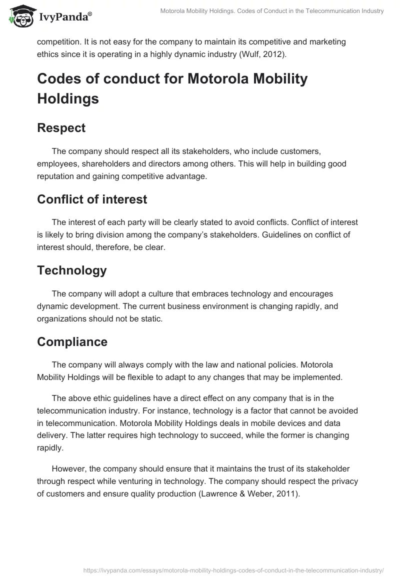 Motorola Mobility Holdings. Codes of Conduct in the Telecommunication Industry. Page 3