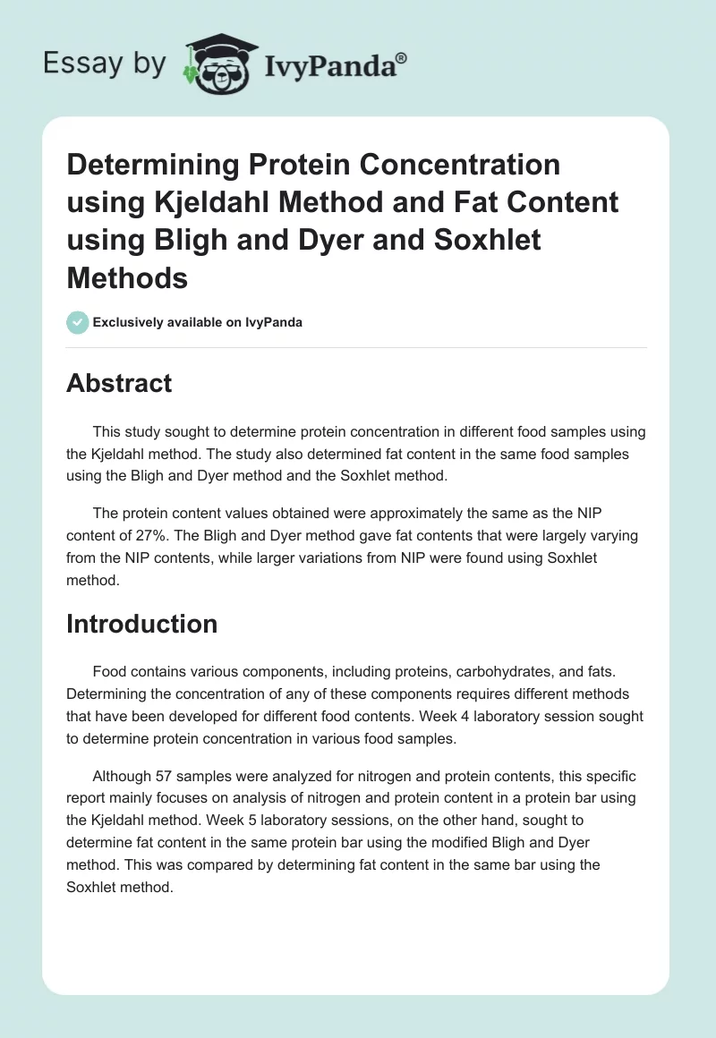Determining Protein Concentration using Kjeldahl Method and Fat Content using Bligh and Dyer and Soxhlet Methods. Page 1