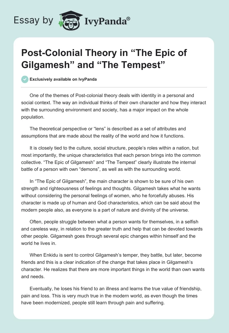 Post-Colonial Theory in “The Epic of Gilgamesh” and “The Tempest”. Page 1