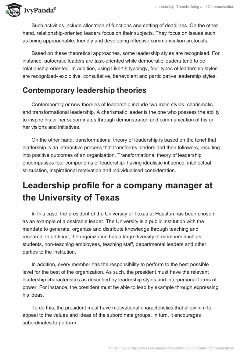 Leadership, Teambuilding and Communication. Page 2