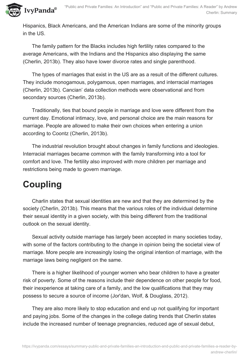 “Public and Private Families: An Introduction” and “Public and Private Families: A Reader” by Andrew Cherlin: Summary. Page 2