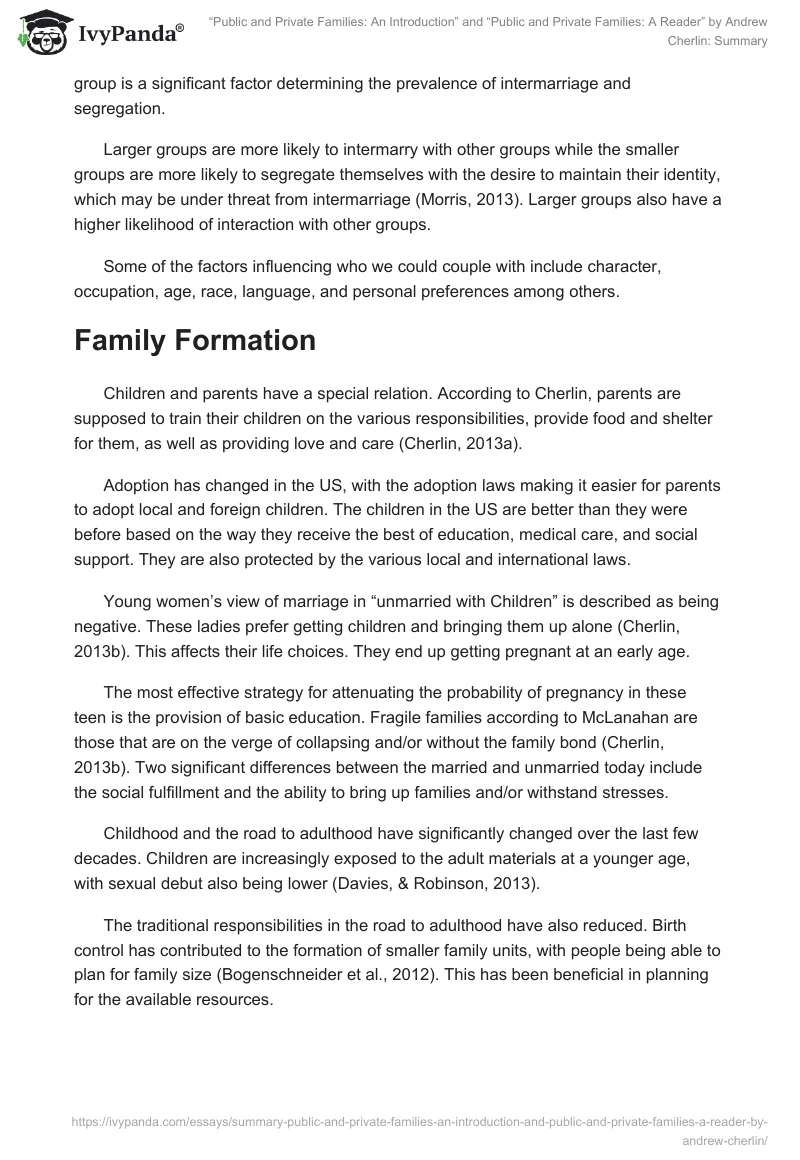 “Public and Private Families: An Introduction” and “Public and Private Families: A Reader” by Andrew Cherlin: Summary. Page 4