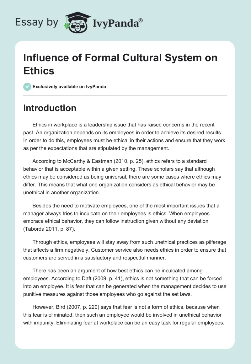 Influence of the Formal Cultural System on Ethics. Page 1