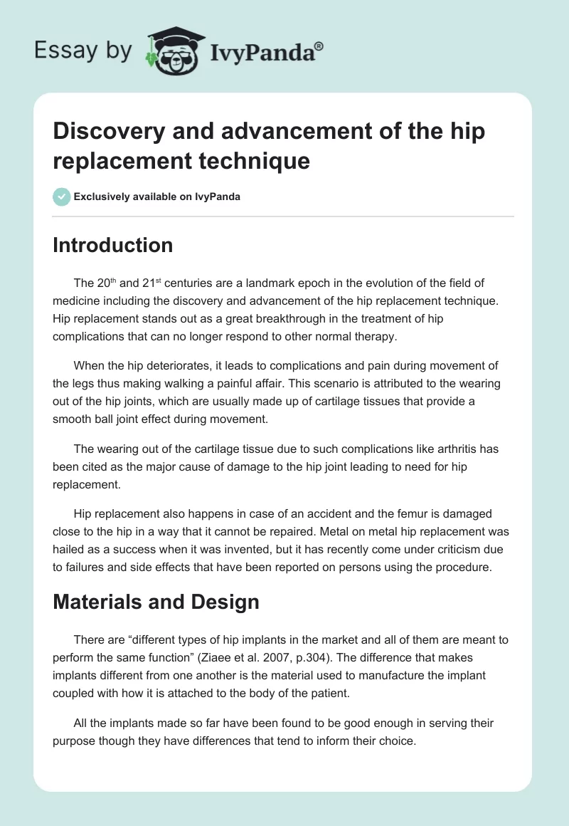 Discovery and advancement of the hip replacement technique. Page 1