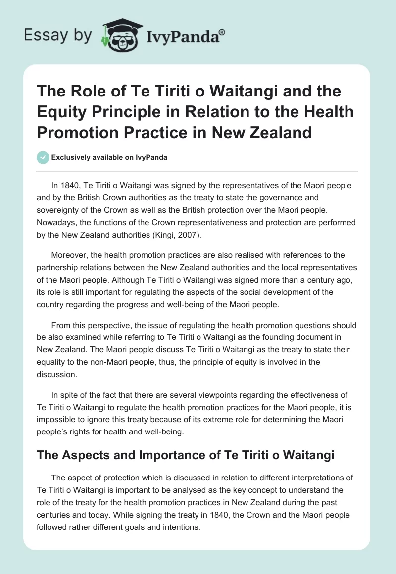 The Role of Te Tiriti o Waitangi and the Equity Principle in Relation to the Health Promotion Practice in New Zealand. Page 1
