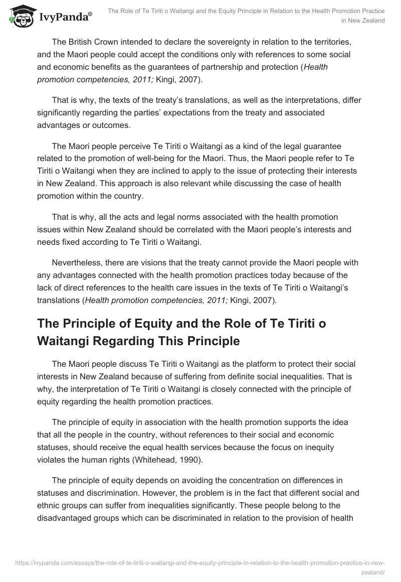 The Role of Te Tiriti o Waitangi and the Equity Principle in Relation to the Health Promotion Practice in New Zealand. Page 2
