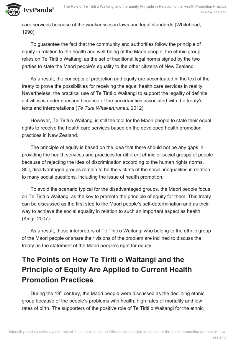 The Role of Te Tiriti o Waitangi and the Equity Principle in Relation to the Health Promotion Practice in New Zealand. Page 3