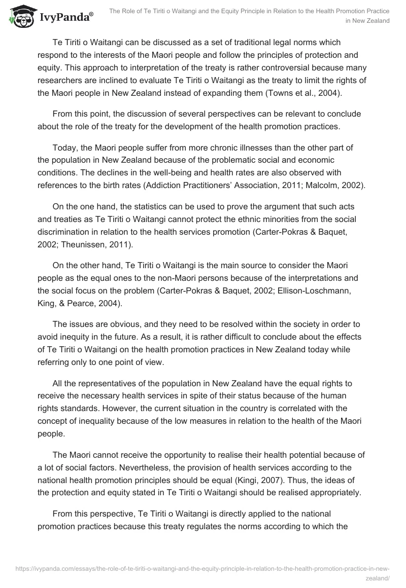 The Role of Te Tiriti o Waitangi and the Equity Principle in Relation to the Health Promotion Practice in New Zealand. Page 5