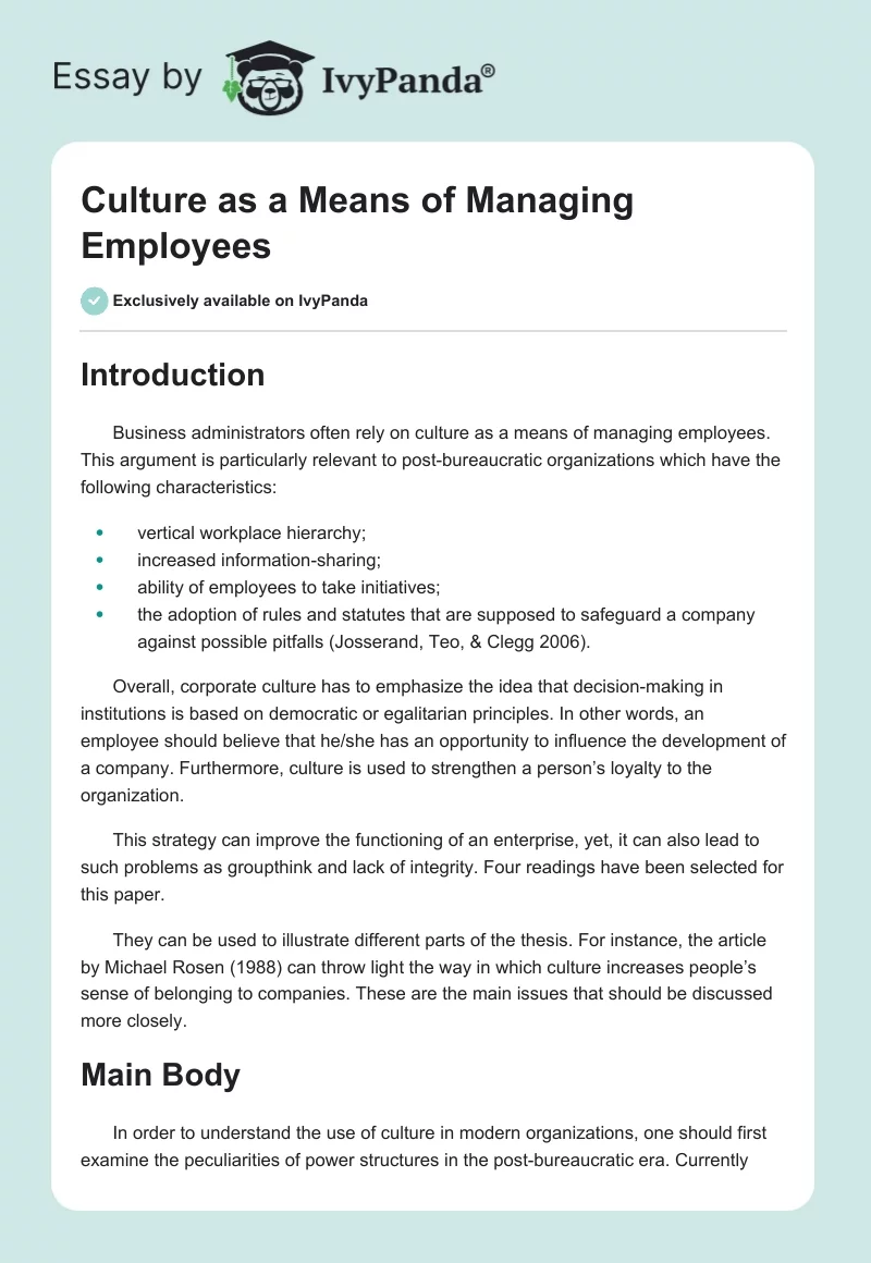 Culture as a Means of Managing Employees. Page 1