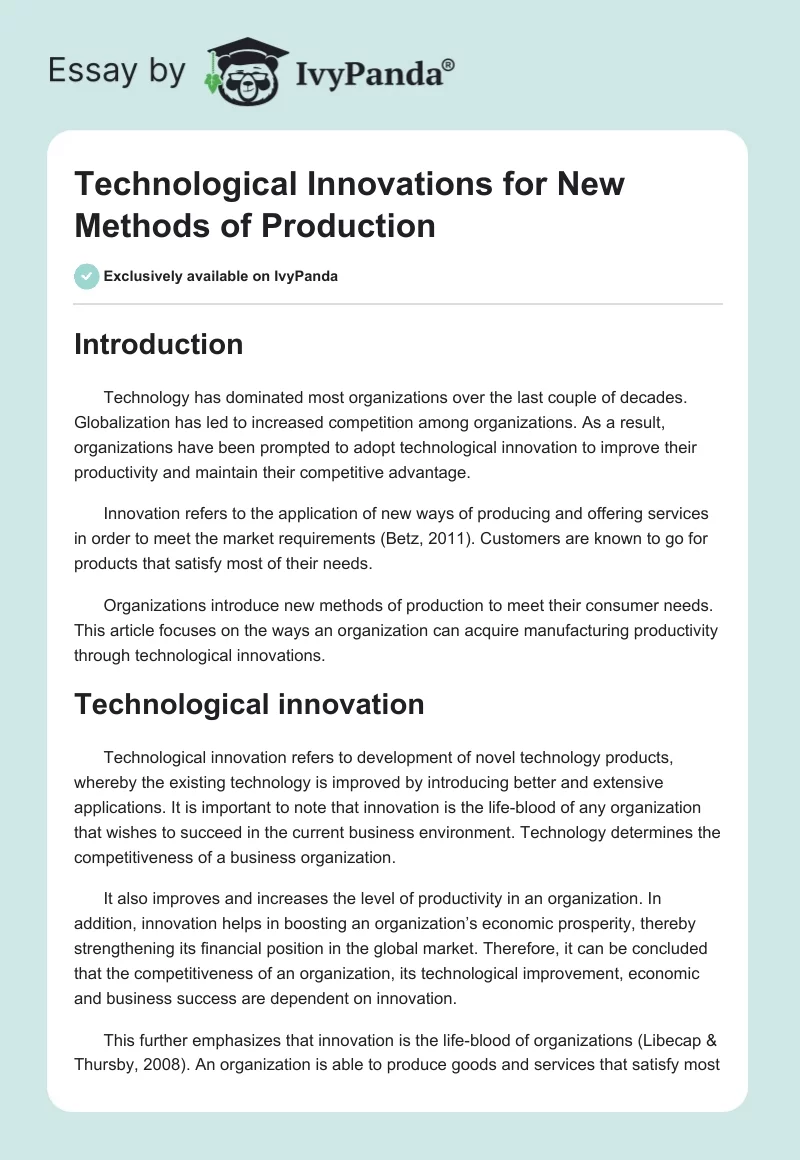 Technological Innovations for New Methods of Production. Page 1