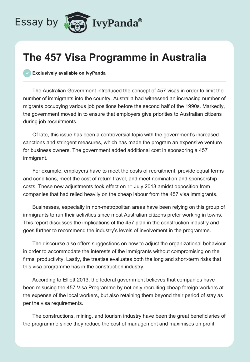 The 457 Visa Programme in Australia. Page 1