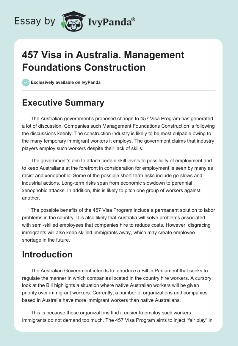 457 Visa in Australia. Management Foundations Construction. Page 1